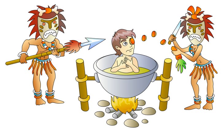 joke: 2 drawn cannibals with masks cooking a white man