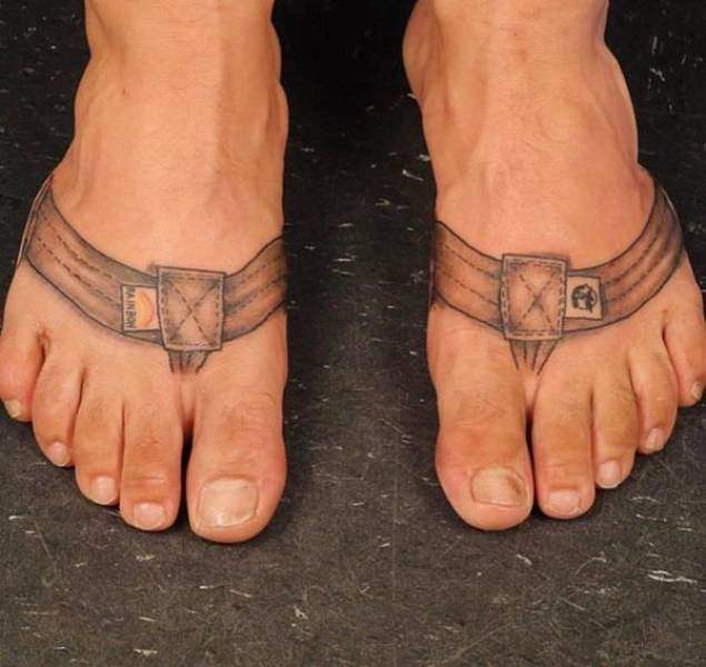 funny pictures of bad ideas, tattoo on feet to resemble sandal straps