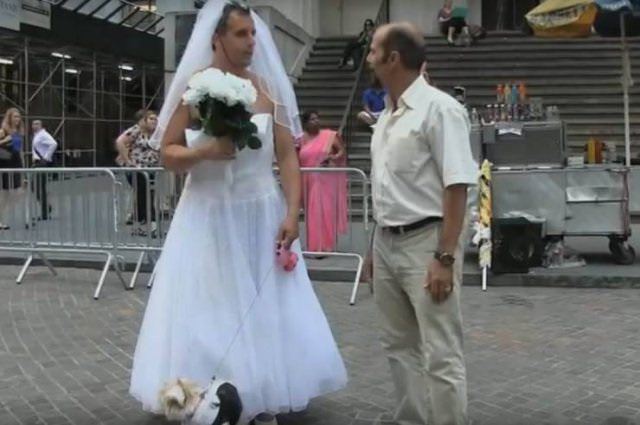 funny pictures of bad ideas, man in wedding dress and bouquet with another man