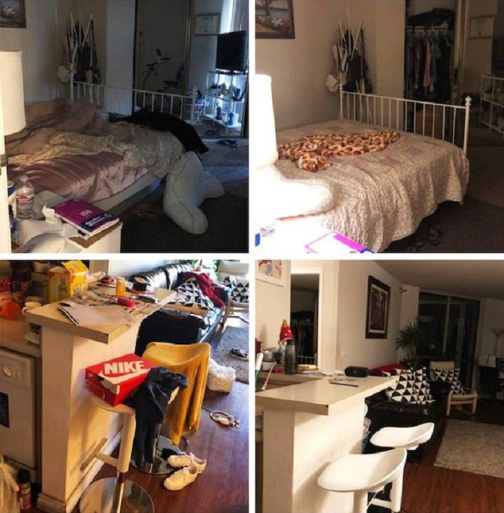 difference in comparison of random things, four framed picture with the two left frames of messy bedroom and living room, and right frames of the same rooms entirely cleaned