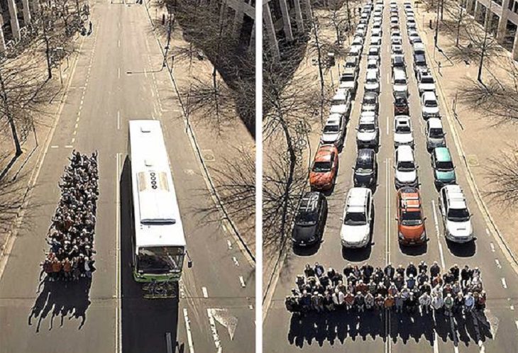 difference in comparison of random things, first frame with a bus and next to it the full group of people that the bus can hold, and the second frame with a large number of cars and a similar large group of people