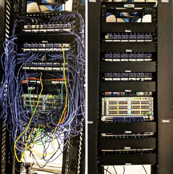 difference in comparison of random things, Blue shelf with switchboards, covered in wires in one frame and without wires in the second frame