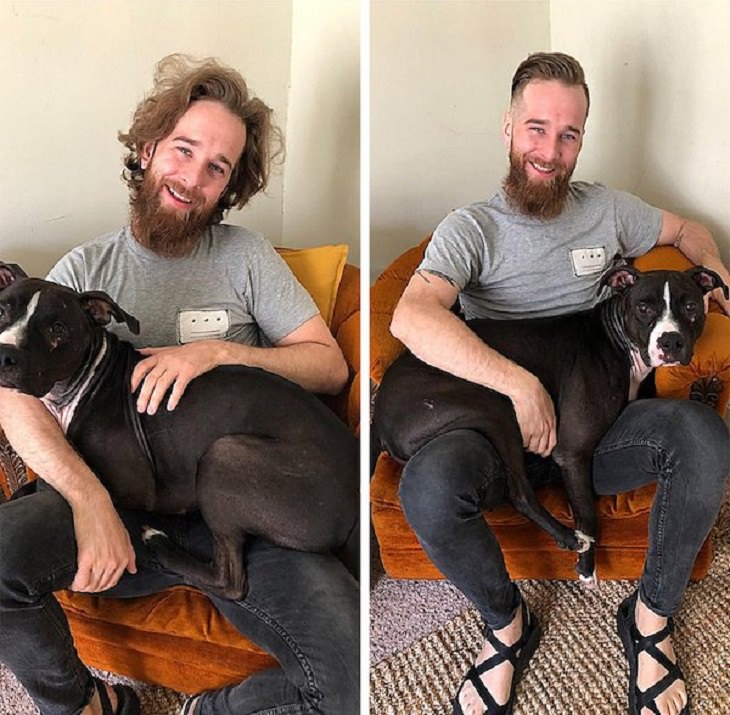 difference in comparison of random things, man with a dog, full beard and messy hair, and same dog and man clean shaven