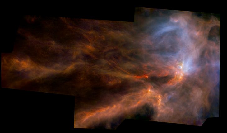 Pictures of the wonders of the cosmos, space and the universe from different conservatories, Image of Rho Ophiuchi, a massive stellar nursery where billowing gas clouds give rise to the formation of new stars, taken taken from the European Space Agency's Hershel Space Observatory