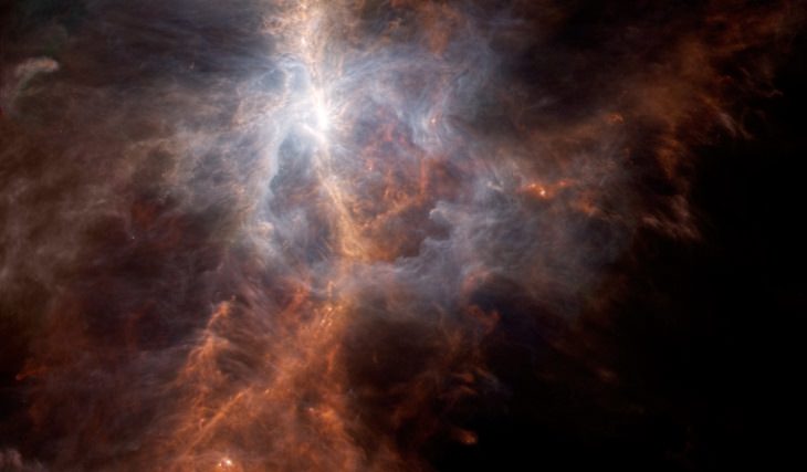Pictures of the wonders of the cosmos, space and the universe from different conservatories, Illuminated image of the dusty side of the Sword of Orion, taken from the European Space Agency's Hershel Space Observatory