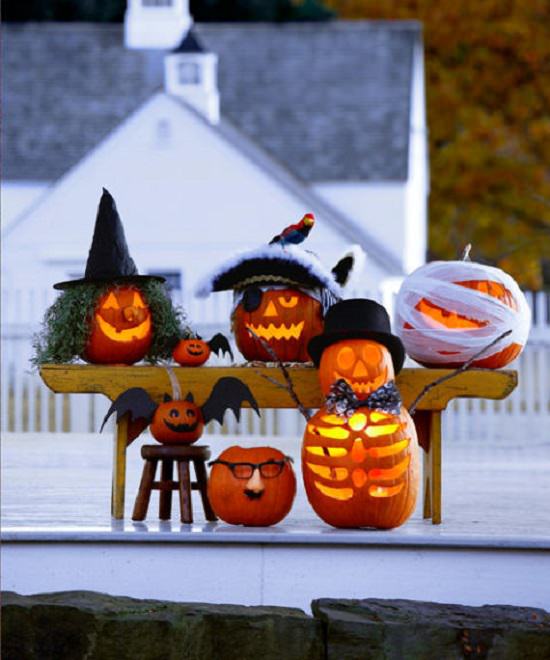 Most Incredible Halloween Decorations, series of jack-o-lanterns all decorated and carved differently as a witch, a mummy, a bat and many other things