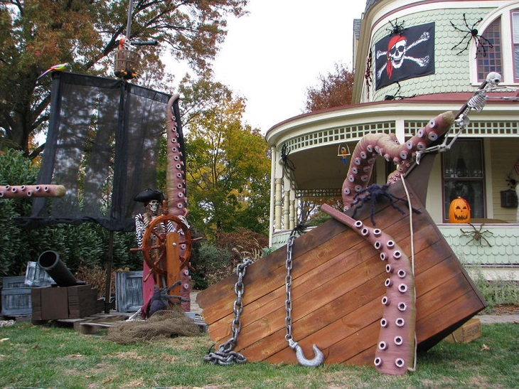 Most Incredible Halloween Decorations, sinking ship with tentacles wrapped around it crushing it