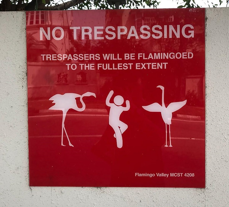 Funny warning and caution signs, warning sign stating that trespassers with be flamingo-ed