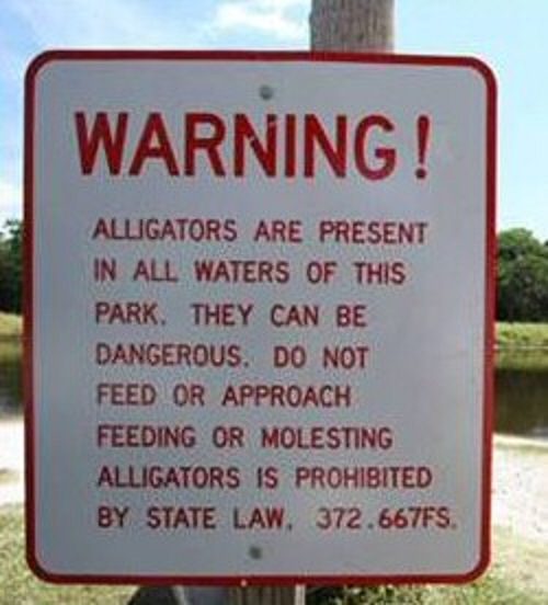 Funny warning and caution signs, signing warning against feeding or molesting alligators in park waters