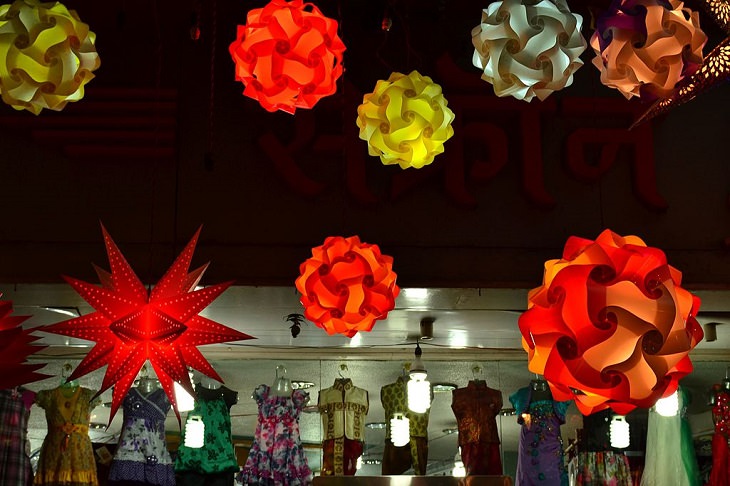 Photos from Diwali, the festival of lights, Diwali Lanterns hung outside shops in Mumbai, India 