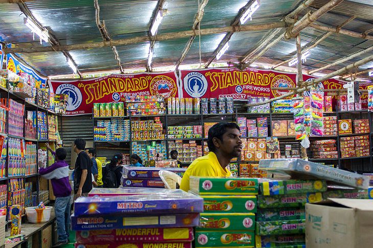 Photos from Diwali, the festival of lights, A shop selling exclusively fireworks, commonly found all across the cities during the weeks leading up to Diwali