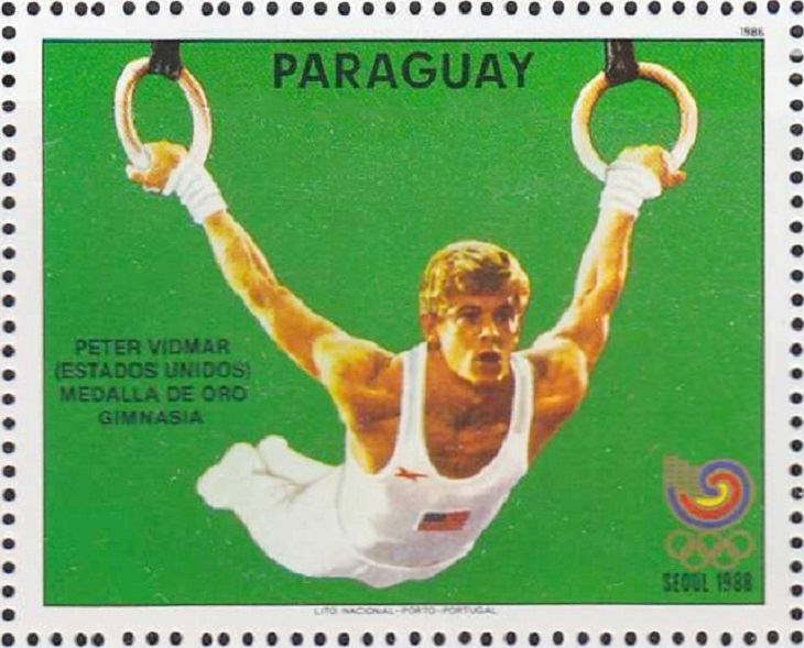 American Athletes that were inducted into the U.S Olympic Hall of Fame, green stamp of Peter Vidmar (Gymnastics)