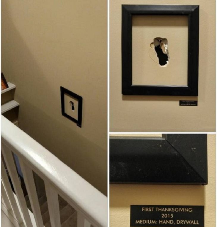 Hilarious but Smart Life Hacks, three panels showing a frame around a hole in the wall demarcated as a part of 2015 thanksgiving