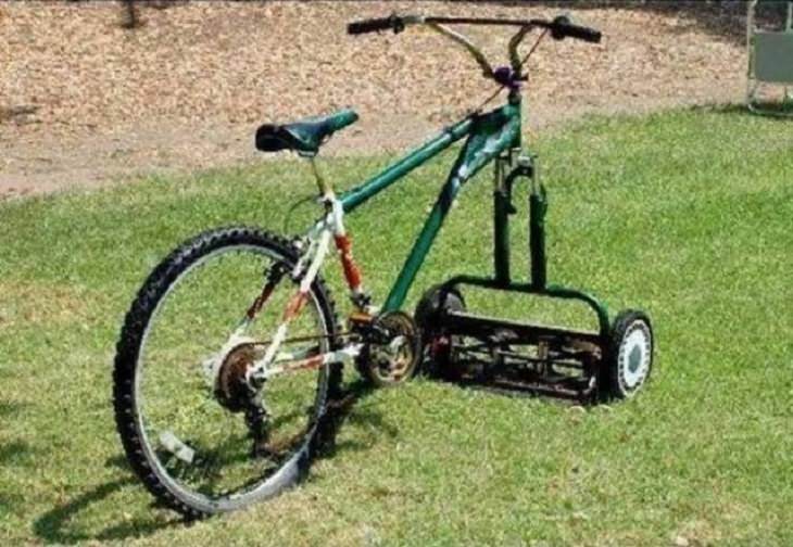 Hilarious but Smart Life Hacks, lawnmower attached to a cycle