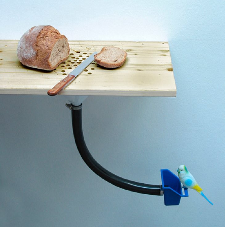 Incredible Innovative Design Ideas, cutting board with holes in the centre and a pipe allowing the crumbs to reach a small bird feeder at the bottom