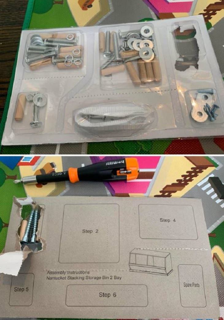 Incredible Innovative Design Ideas, hardware items in plastic packaging with the hardware packed step-wise and the steps listed on the back of the packet
