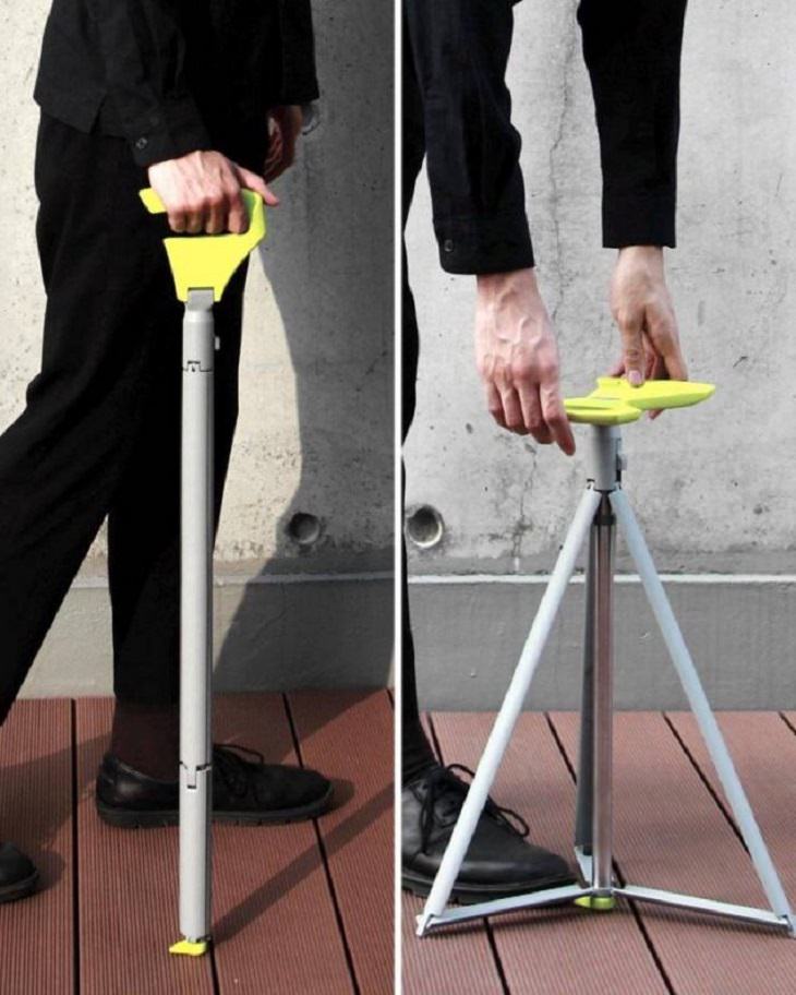 Incredible Innovative Design Ideas, two pictures, one with a man walking with a cane and the second of the cane being transformed into a small portable seat