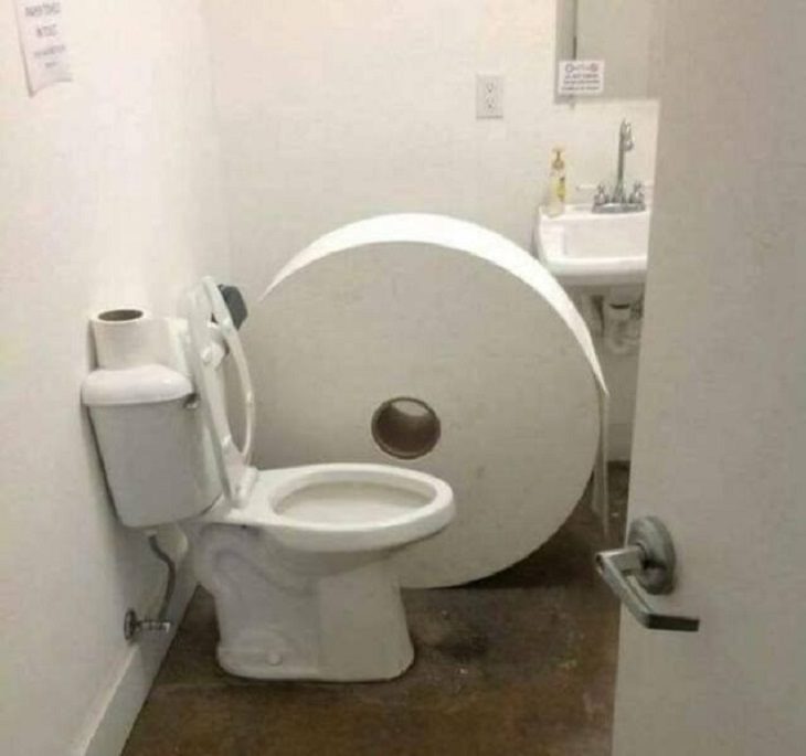 Hilarious but Smart Life Hacks, restroom with an extremely large roll of toilet paper
