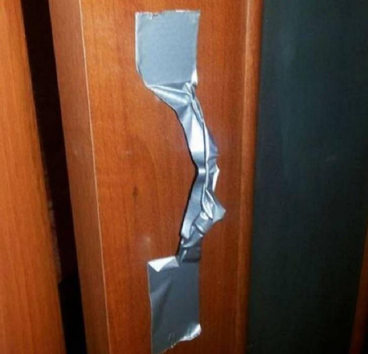 Hilarious but Smart Life Hacks, door with broken handle having replacement handle made with gray duct tape