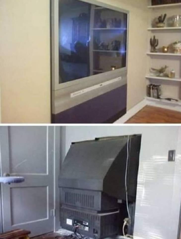 Hilarious but Smart Life Hacks, Television set built into wall such that it looks like a flat screen from the front because the entire back of the TV protrudes into the next room