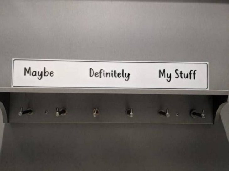 Incredible Innovative Design Ideas, dressing room hook that says "Maybe, definitely, my stuff" respectively over three hooks