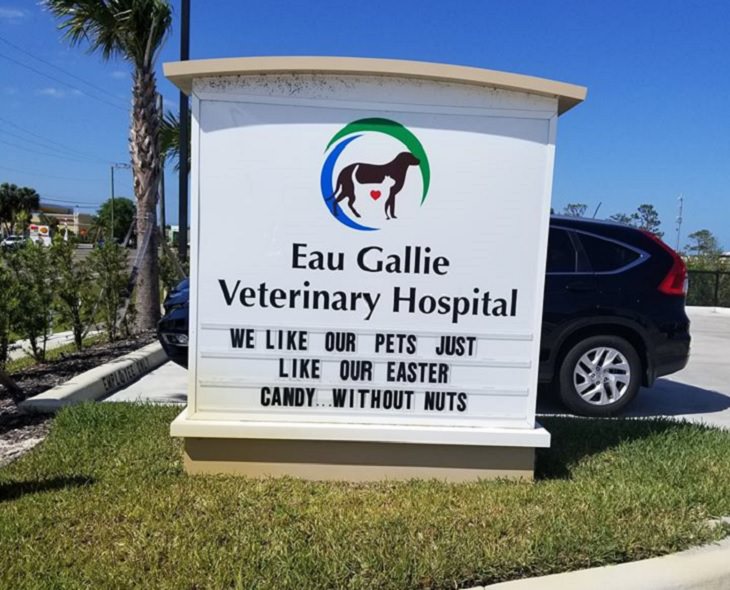 Pet Jokes found on signs outside veterinary clinics and animal hospitals, sign reading "We like our pets just like our Easter Candy... without nuts!", Eau Gallie Veterinary Hospital