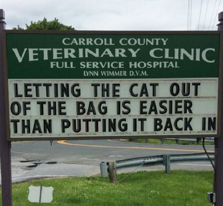Pet Jokes found on signs outside veterinary clinics and animal hospitals, sign reading "Letting the cat out of the bag is easier than putting it back in", Carroll County Veterinary Clinic