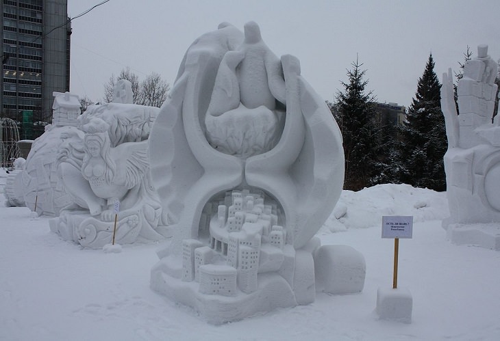 Snow Sculptures and Statues from Festival, A tiny guarded little city, at the 17th Siberian Snow Sculpture Festival, Novosibirsk, Russia