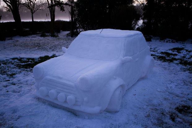 Snow Sculptures and Statues from Festival, A Mini Cooper made entirely from snow