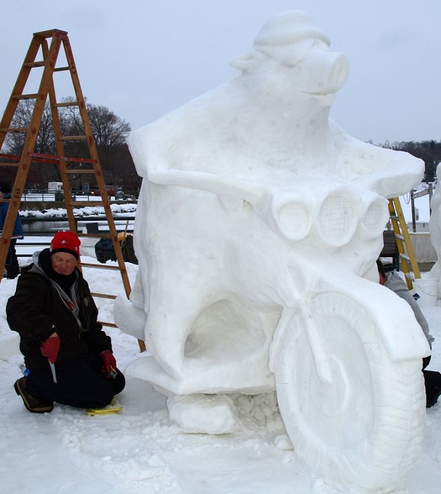 Snow Sculptures and Statues from Festival, This hog is ready to ride! A snow sculpture at the 2010 US Snow Sculpting Competition 