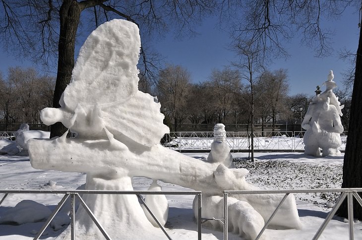 Snow Sculptures and Statues from Festival, Snow Sculpture of a Butterfly on a Branch, south of the Art Museum on Michigan Avenue, Chicago