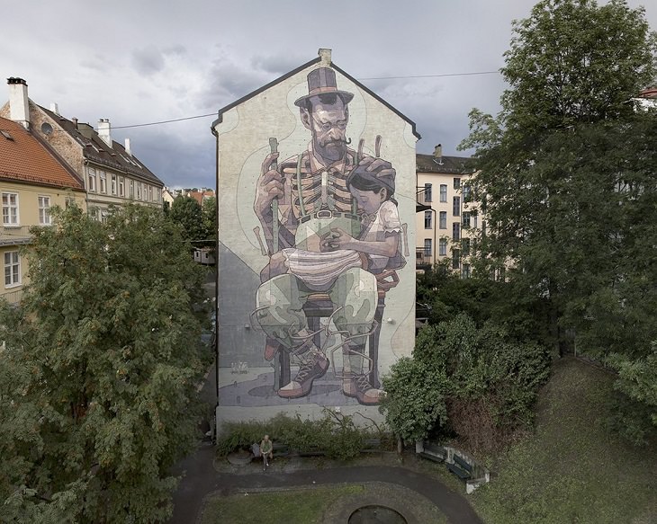 Beautiful Street art and graffiti murals from around the world, Aryz's mural in Norway (2013) man in top hat sitting on a chair with a young girl in his lap