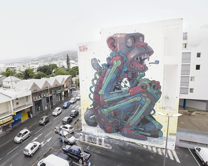 Beautiful Street art and graffiti murals from around the world, Aryz's mural in Réunion (2012), Red and blue monket with gears and bits hanging on it