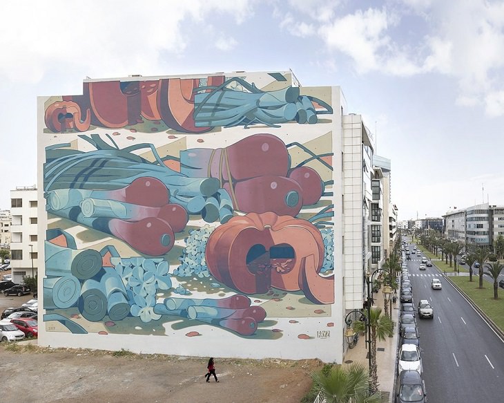 Beautiful Street art and graffiti murals from around the world, Aryz's mural in Rabat (Morocco), April 2017, mural of a variety of fruits and vegetables in various shades of blue, red and orange