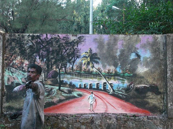 Beautiful Street art and graffiti murals from around the world, a Completed landscape scene painted on a wall, in Thrissur, Kerala, India