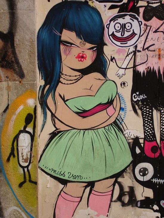 Beautiful Street art and graffiti murals from around the world, Miss Van, an animated woman graffiti character drawn on street walls in Barcelona, depicted wearing short dresses and having large lips