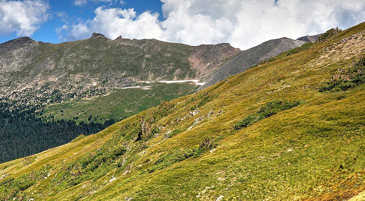 Beautiful sights and views of various mountains, peaks and wildlife in the blue ridge mountain range, mountainous skyline of the Rocky Mountain National Park, while thunderclouds collect in the ranges beyond