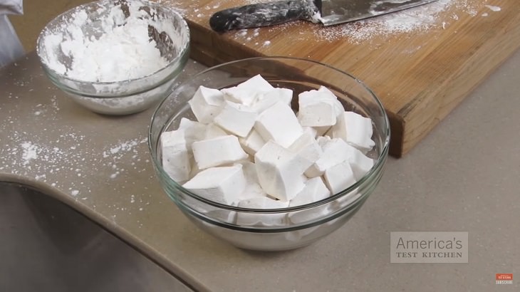 Perfect Recipe for Homemade marshmallows, marshmallow cubes in a bowl