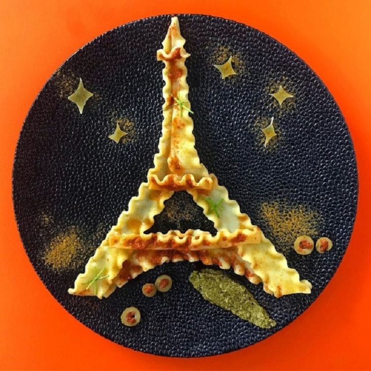 Beautiful and creative artwork made with food on plates by de meal prepper, art made from food, Eiffel Tower