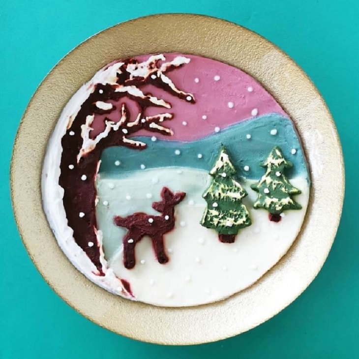 Beautiful and creative artwork made with food on plates by de meal prepper, art made from food, Winter Landscape with snow and deer
