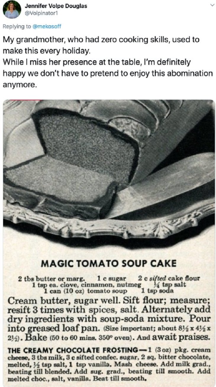 Strange thanksgiving recipes, foods and traditions, recipe for magic tomato soup cake with creamy chocolate butter