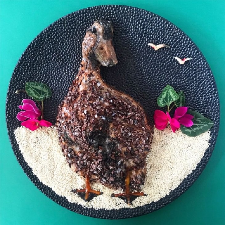 Beautiful and creative artwork made with food on plates by de meal prepper, art made from food, Duck