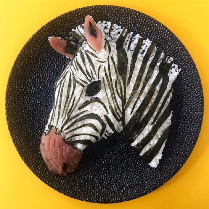 Beautiful and creative artwork made with food on plates by de meal prepper, art made from food, Zebra
