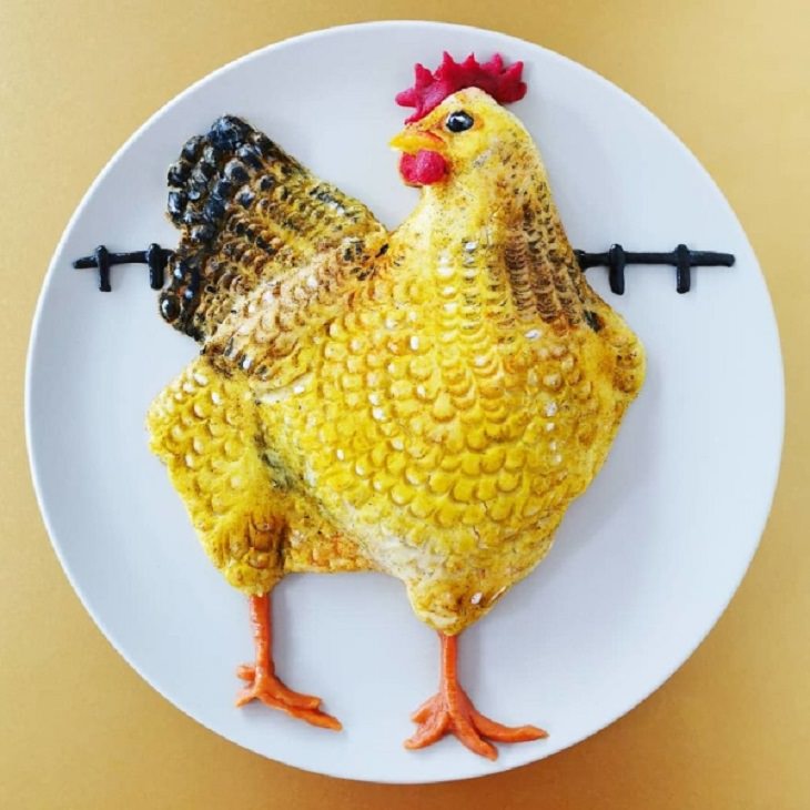 Beautiful and creative artwork made with food on plates by de meal prepper, art made from food, Chicken
