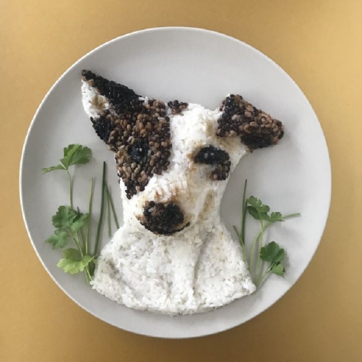 Beautiful and creative artwork made with food on plates by de meal prepper, art made from food, black and white puppy