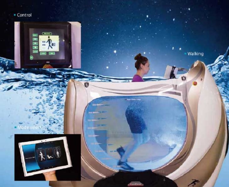 Incredible Scientific Inventions the Future Holds, The Aqua Treadmill, large tub with sensors and woman running in it
