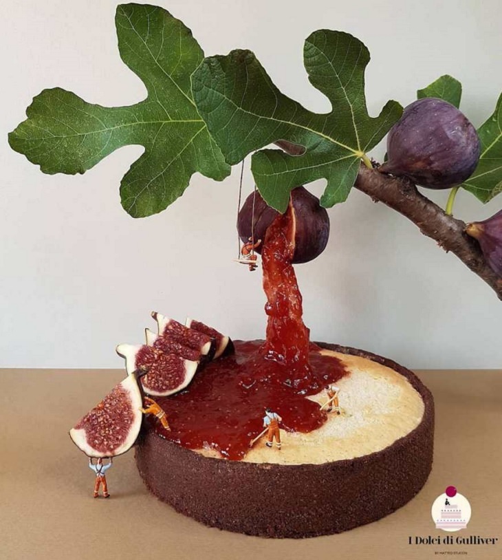 Beautiful Cakes Designed by Italian Chef, Fruit based cake under a fruit filled branch, with jam appearing to be poured down from the fruit and slices of fruit atop the cake