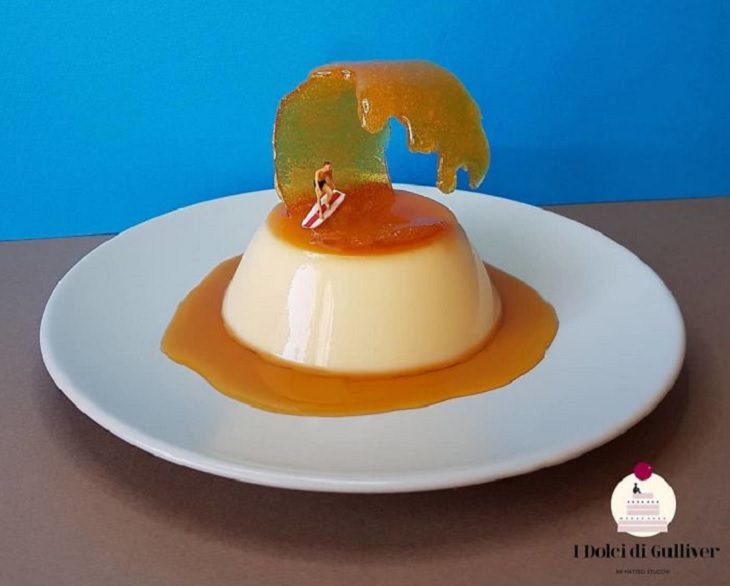Beautiful Cakes Designed by Italian Chef, Caramel custard dessert with the top layer of caramel turning into a large wave and a miniature figure riding a surfboard on the caramel wave