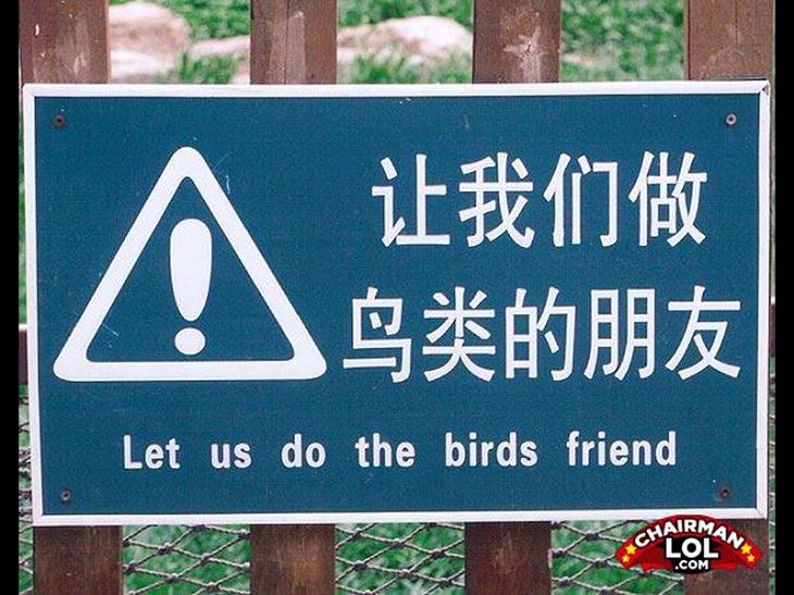 Funny foreign language signs, translations fails, blue warning signs saying Let us do the bird friends