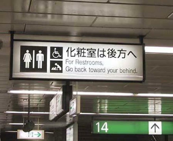 Funny foreign language signs, translations fails, Black and white sign saying For Restrooms, go backward toward your behind